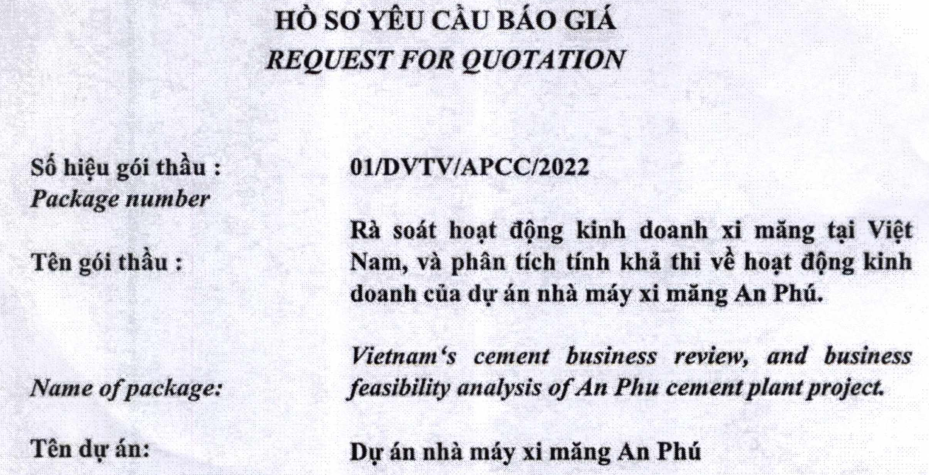 Bidding package for review Vietnam’s cement business, and analysis business feasibility of An Phu cement plant project