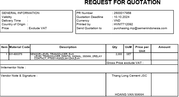  Đơn hàng PR 17958 sensor level “Cung cấp thiết bị phụ tùng cho Nhà máy xi măng Thăng Long” 