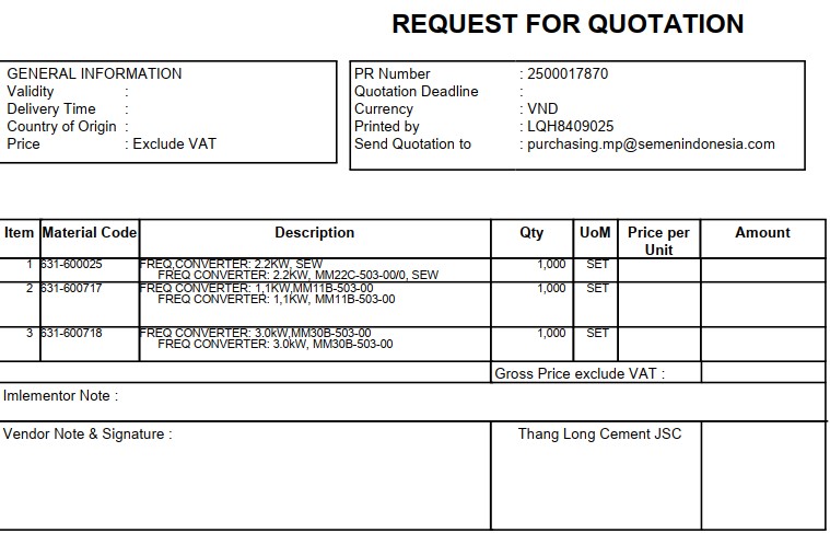  Đơn hàng PR 17870 -  Biến tần  Sew  –  Sew frequency converter 