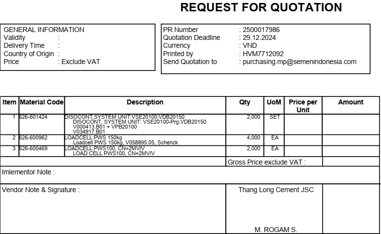 Đơn hàng PR 17986 Disocont system Loadcell “Cung cấp thiết bị phụ tùng cho Nhà máy xi măng Thăng Long” 