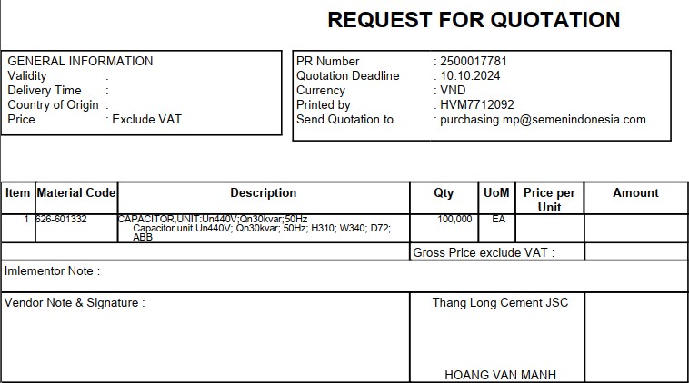 Đơn hàng PR 17781 -  Tụ điện   – Capacitor  